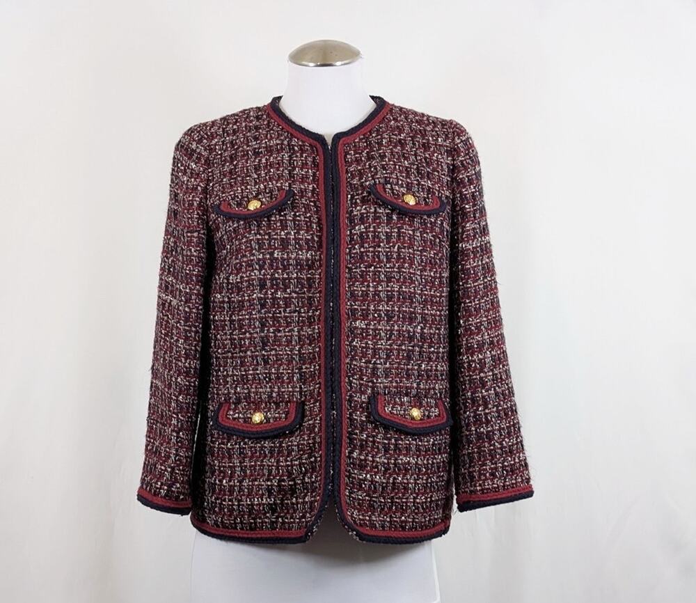 Talbots Tweed Blazer Women's Size 8P Burgundy Blue Tweed Jacket Office